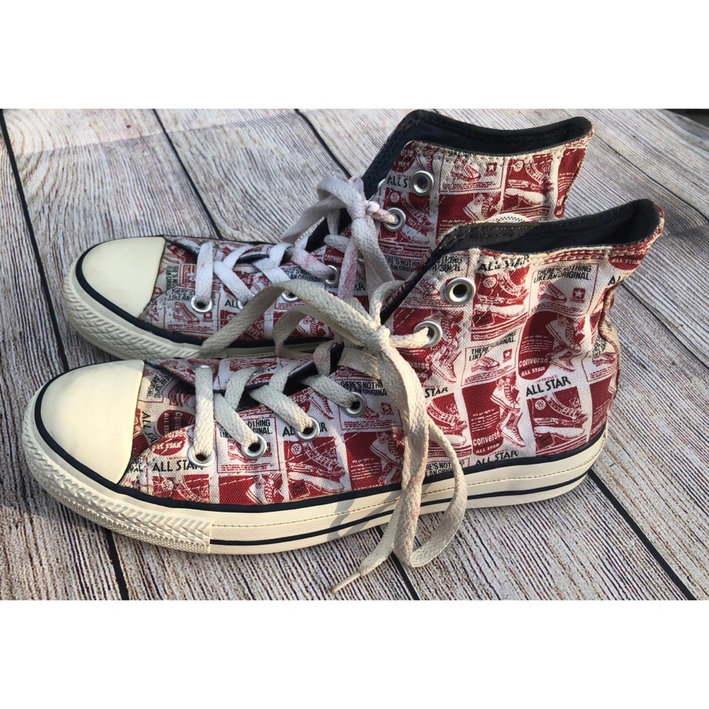 Converse red and white high top shoes
